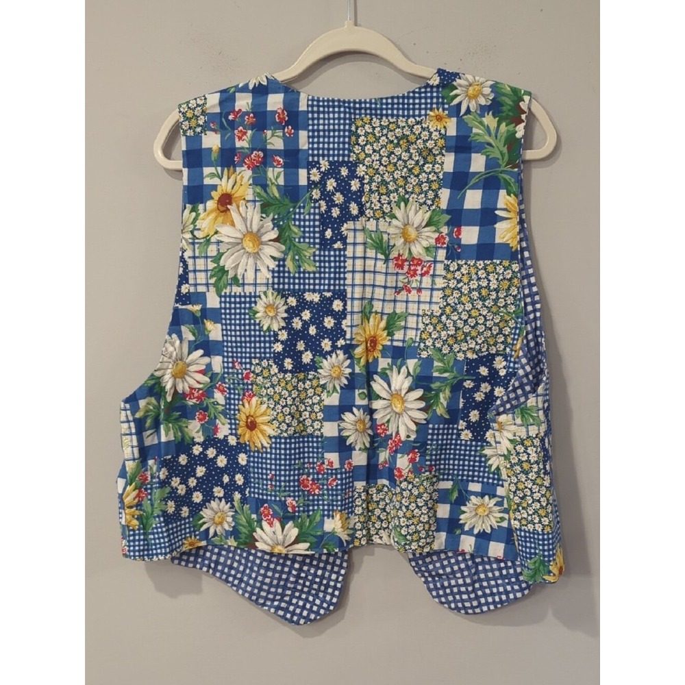 Patchwork Floral Vest Blue Gingham Daisies 23"‎ PTP Reversible Homemade image 4